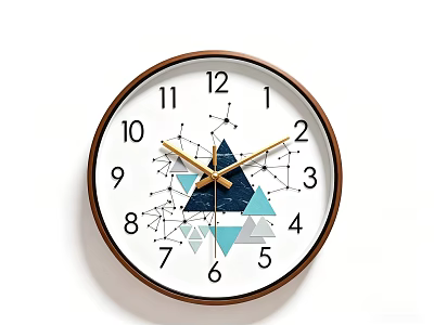 Modern Wall Clock With White Dial Golden Hands Brown Frame And Geometric Blue Triangles 3d model