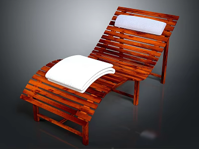 Natural Wooden Outdoor Lounge Chair With Slatted Design White Cushion And Pillow 3d model