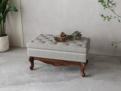 Checkered Upholstered Ottoman Bench With Wooden Carved Legs And Decorative Pinecones Greenery 3d model