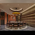 Elegant Modern Chinese Private Room With Round Dining Table Landscape Painting Sofa And Coffee Table