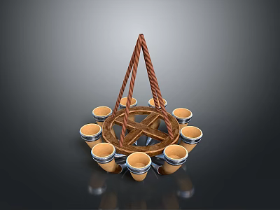 Modern Lighting Fixture Set With Brown Rope Circular Structure And Orange Blue Lamp Cups 3d model