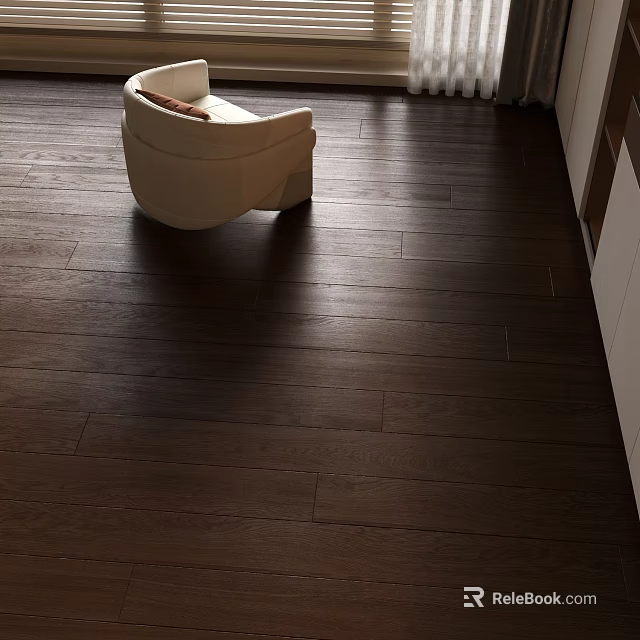Dark Brown Wooden Flooring with Wood Grain Light Shadow Effect from Window and White Cabinet 3d model 