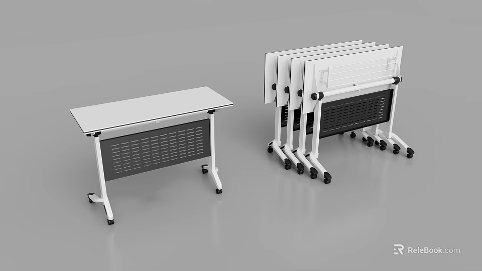 Foldable Modern Conference Table With White Tabletop Black Mesh Structure And Wheels 3d model 