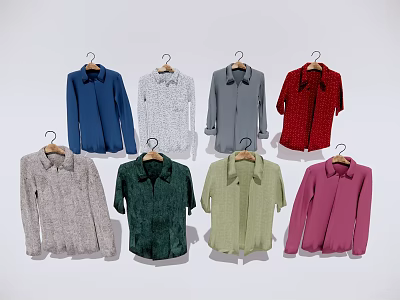 Trendy Collared Shirts with Assorted Colors and Styles Hanging on Hangers 3d model