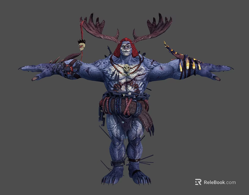 Blue Skinned Tribal Warrior Character With Deer Antlers Muscular Build And Ornate Weapons 3d model 