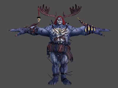 Blue Skinned Tribal Warrior Character With Deer Antlers Muscular Build And Ornate Weapons 3d model