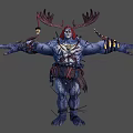 Blue Skinned Tribal Warrior Character With Deer Antlers Muscular Build And Ornate Weapons