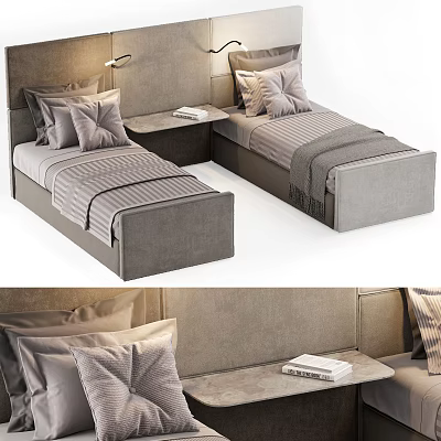 Modern Interior Design With Two Single Beds Striped Sheets Pillows And Nightstand Book 3d model