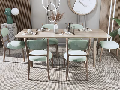 Modern Minimalist Dining Table Set With Wooden Table Light Green Chairs And Circular Decor 3d model
