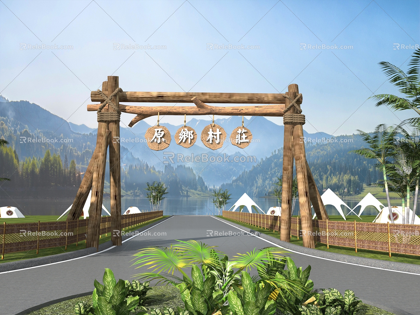 Village Entrance Gate Campground Entrance Beautiful Village Entrance Landscape Gate Wooden Gate Ecological Entrance 3d model