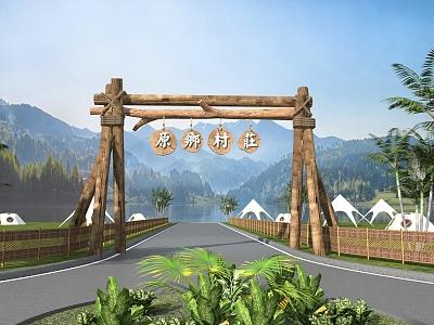 Village Entrance Gate Campground Entrance Beautiful Village Entrance Landscape Gate Wooden Gate Ecological Entrance 3d model