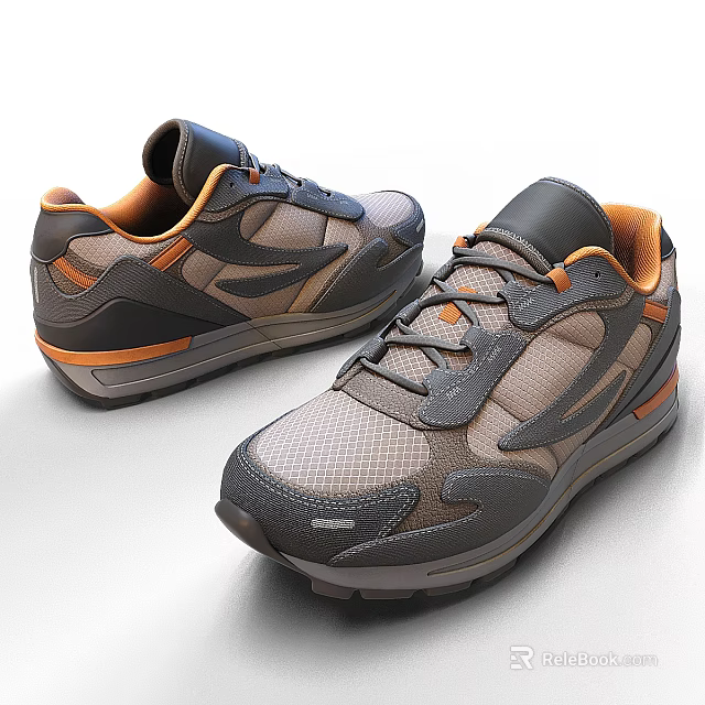 Gray And Brown Athletic Sneakers With Mesh Upper And Accent Panels 3d model 