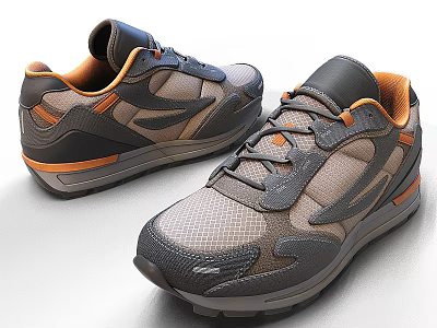 Gray And Brown Athletic Sneakers With Mesh Upper And Accent Panels 3d model