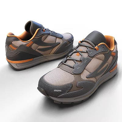 Gray And Brown Athletic Sneakers With Mesh Upper And Accent Panels 3d model