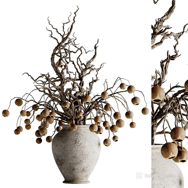 Rustic Gray Vase With Dried Branches And Round Brown Fruits For Home Decor 3d model 