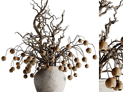 Rustic Gray Vase With Dried Branches And Round Brown Fruits For Home Decor 3d model
