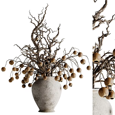 Rustic Gray Vase With Dried Branches And Round Brown Fruits For Home Decor 3d model