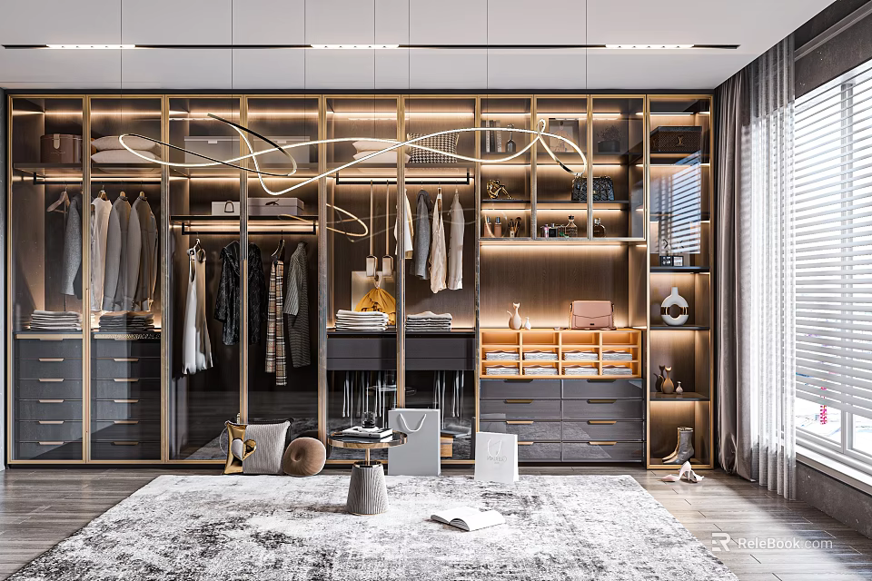 Modern Walk in Closet Interior With Organized Storage And Lighting 3d model 