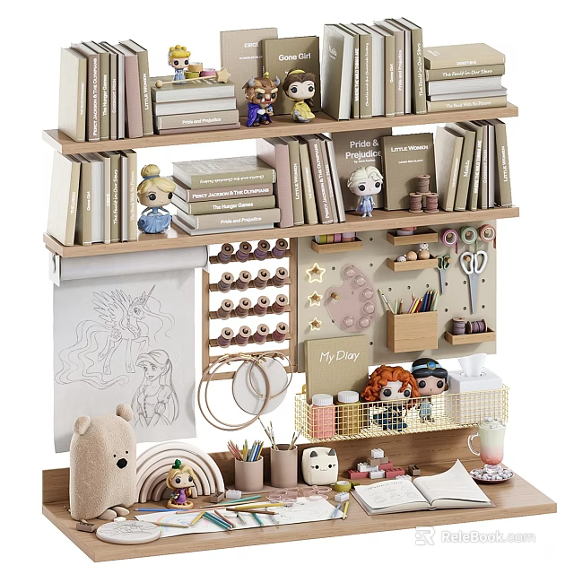 Home Study Bookshelf Featuring Stacked Books Dolls Drawing Board Teddy Bear and Storage Basket 3d model 