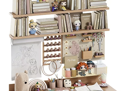 Home Study Bookshelf Featuring Stacked Books Dolls Drawing Board Teddy Bear and Storage Basket 3d model