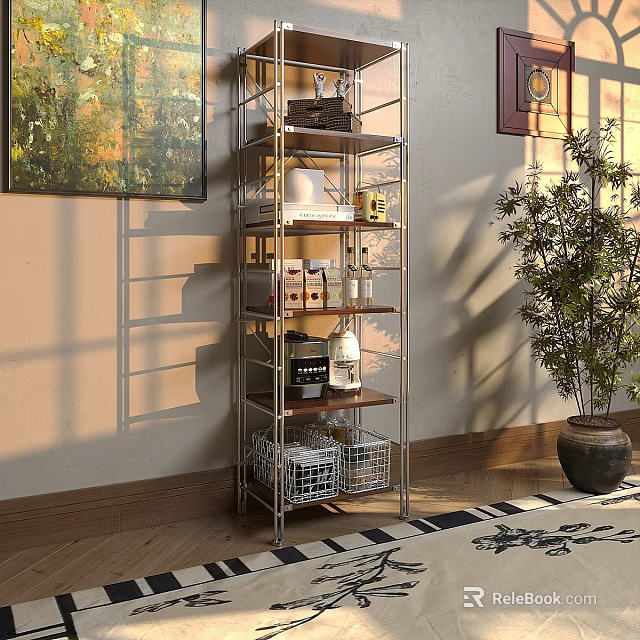 Cozy Interior Decorative Cabinet With Metal Frame Multi Tier Design Storage Baskets And Potted Plant 3d model 