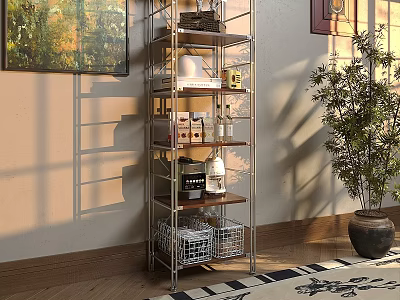 Cozy Interior Decorative Cabinet With Metal Frame Multi Tier Design Storage Baskets And Potted Plant 3d model