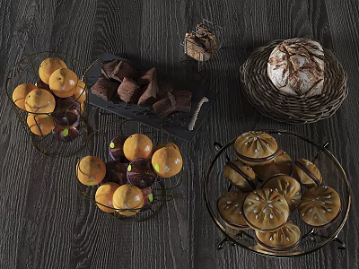 Assorted Foods Display With Oranges Chocolate Pieces Artisan Bread And Persimmons On Dark Wooden Table 3d model