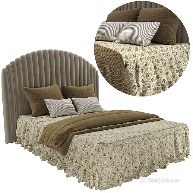 Velvet Upholstered Double Bed with Curved Headboard Beige Patterned Bedding and Brown Gray Pillows 3d model 