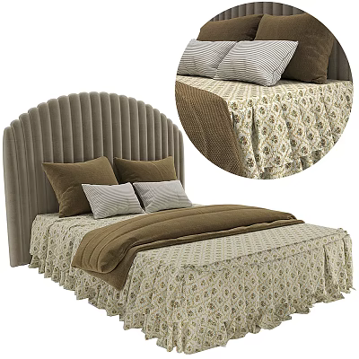 Velvet Upholstered Double Bed with Curved Headboard Beige Patterned Bedding and Brown Gray Pillows 3d model