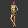 Stylish Female Character in Yellow Top and Plaid Skirt with Short Hair and High Heels