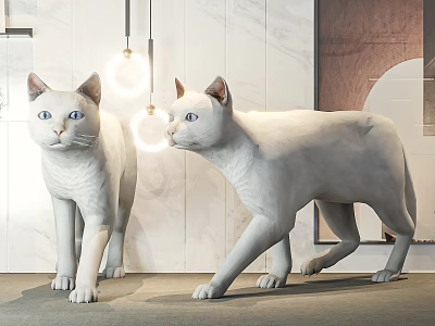 Two White Reptiles Standing In Modern Indoor Space With Hanging Lamps And Wall Art 3d model