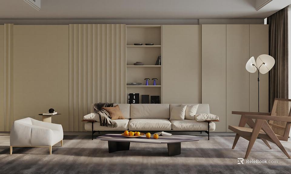 Modern Living Room Interior With Beige Sofa Wooden Coffee Table Bookshelf And Floor Lamp 3d model 