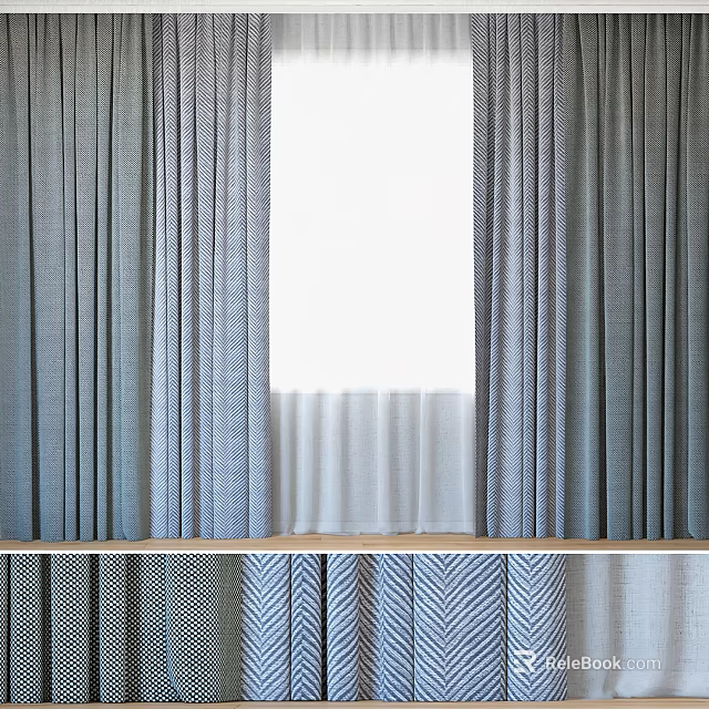 Elegant Gray Curtains With Sheer Panels And Vertical Textured Pleats Design 3d model 