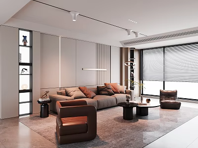 Modern Living Room Interior Design with Beige Sofa Brown Armchair Coffee Tables and Large Windows 3d model