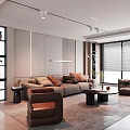 Modern Living Room Interior Design with Beige Sofa Brown Armchair Coffee Tables and Large Windows