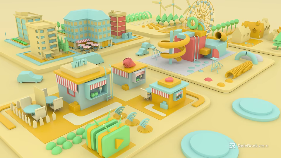 Cartoon Style Town Scene Featuring Playground Rides Colorful Buildings And Wi Fi Sign 3d model 