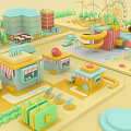 Cartoon Style Town Scene Featuring Playground Rides Colorful Buildings And Wi Fi Sign