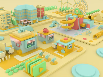 Cartoon Style Town Scene Featuring Playground Rides Colorful Buildings And Wi Fi Sign 3d model