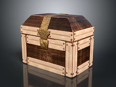 Vintage Wooden Treasure Chest With Golden Buckle Metal Straps And Bank Engraving 3d model