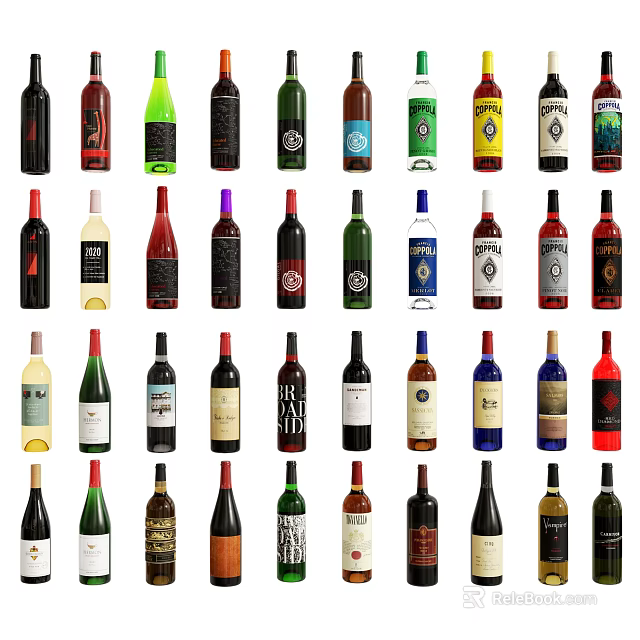 Various Colorful Shaped Wine Bottles And Glasses Arranged In Multiple Rows 3d model 