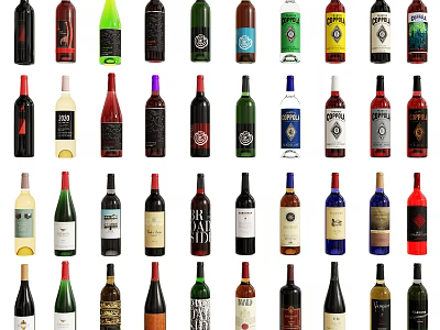 Various Colorful Shaped Wine Bottles And Glasses Arranged In Multiple Rows 3d model