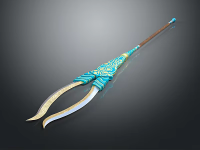 Ornate Blue And Gold Double Bladed Weapon With Long Decorative Handle 3d model