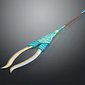 Ornate Blue And Gold Double Bladed Weapon With Long Decorative Handle