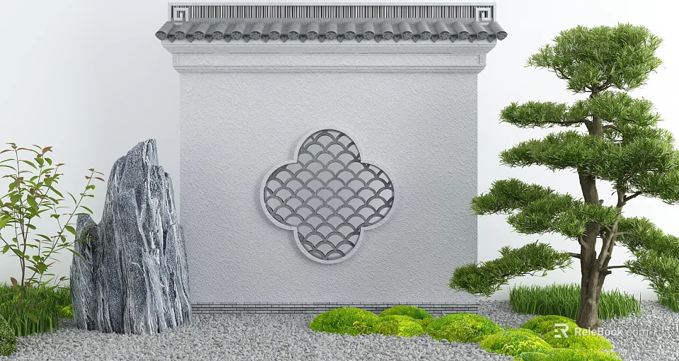 Traditional Chinese Garden Wall With White Surface Gray Lattice Window And Rock Green Shrubs Pine 3d model 