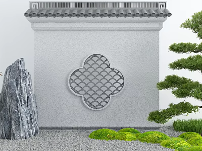 Traditional Chinese Garden Wall With White Surface Gray Lattice Window And Rock Green Shrubs Pine 3d model