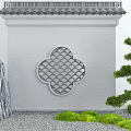 Traditional Chinese Garden Wall With White Surface Gray Lattice Window And Rock Green Shrubs Pine