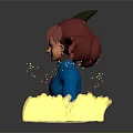 Red Haired Character In Blue Outfit With Yellow Black Striped Creature On Shoulder And Grass