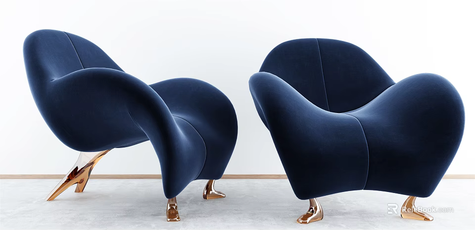 Elegant Navy Blue Velvet Leisure Chairs With Modern Design And Gold Legs 3d model 