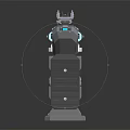 Futuristic Sci Fi Gun With Metallic Gray Design Blue Glowing Accents And Display Stand