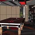 Modern Entertainment Room Interior With Pool Table Red Decor And Sculpture